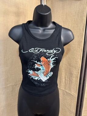 Ed Hardy Black Tank with Orange Koi and Teal Wave Graphic